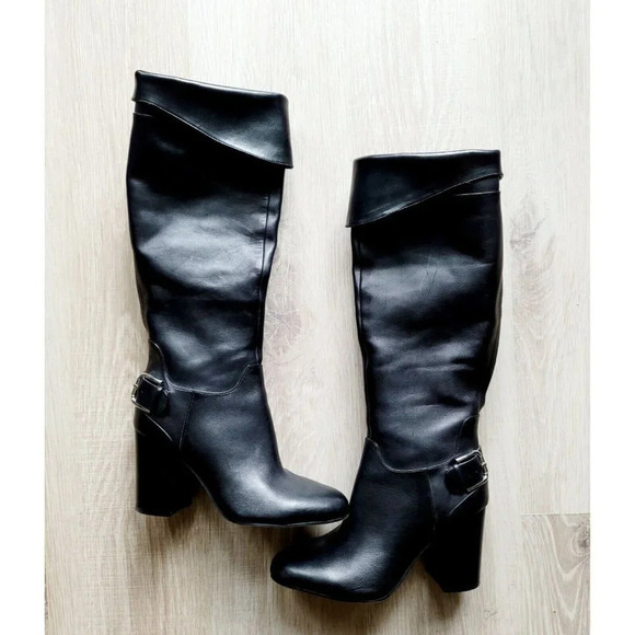 Vince Camuto Black Sidney Leather Block Heel Tall Knee High Buckle Boots 8.5 - Picture 1 of 16